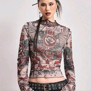 🗝️ Vintage Aesthetic Tattoo Print Mesh Top ​🗝️  Long Sleeve 🗝️